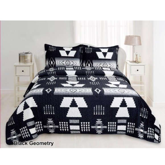 Geometric Print Bedding Set Queen & King Quilt Bedspreads Velvet Black & White - Picture 1 of 1